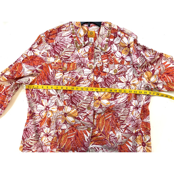 Ruby Rd Blazer Womens 24W Red Orange Floral Button Front Beaded Cotton Jacket - Picture 5 of 8